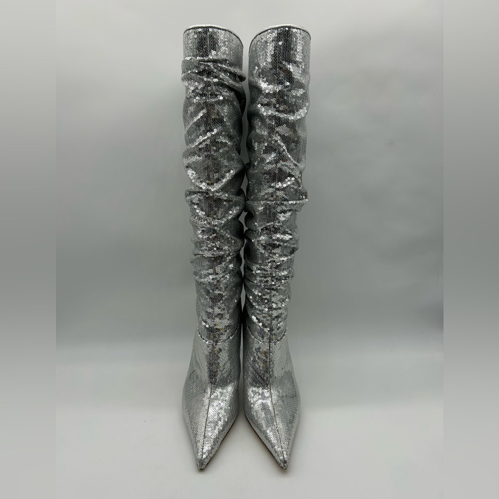 Michael Kors Luna Sequin Boots Silver Pointed Toe Slouchy Heels Women’s 6.5M NIB - Picture 6 of 14